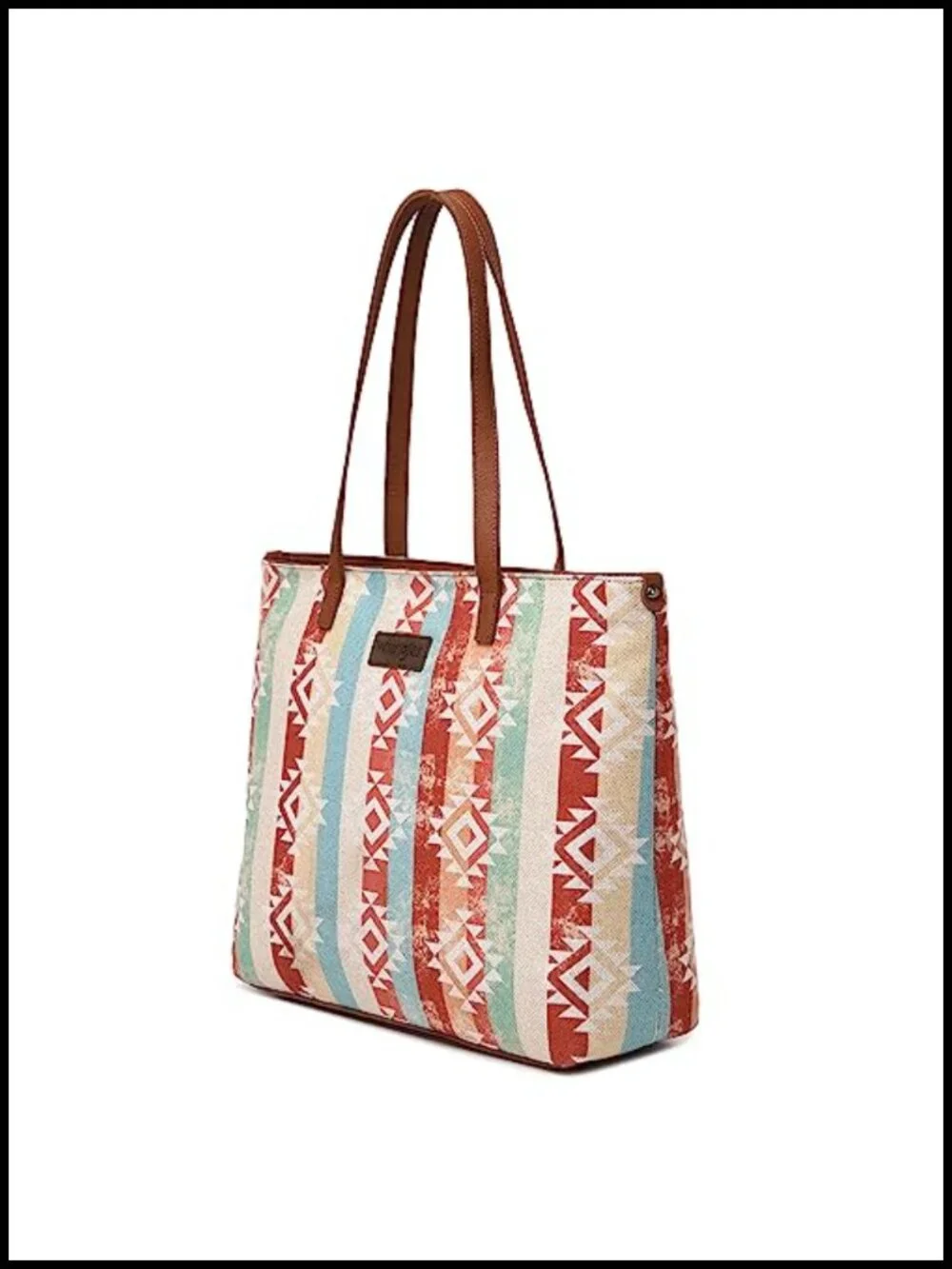 Aztec Print Canvas Tote Bag with Genuine Leather Handles